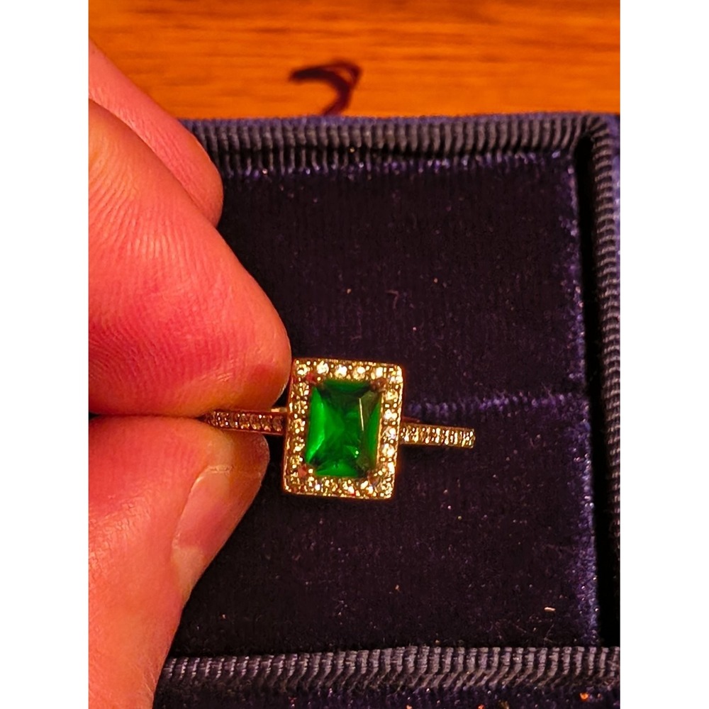 925 Emerald Cut Green CZ Halo Cocktail Ring Size 9 Pave Accent Womens